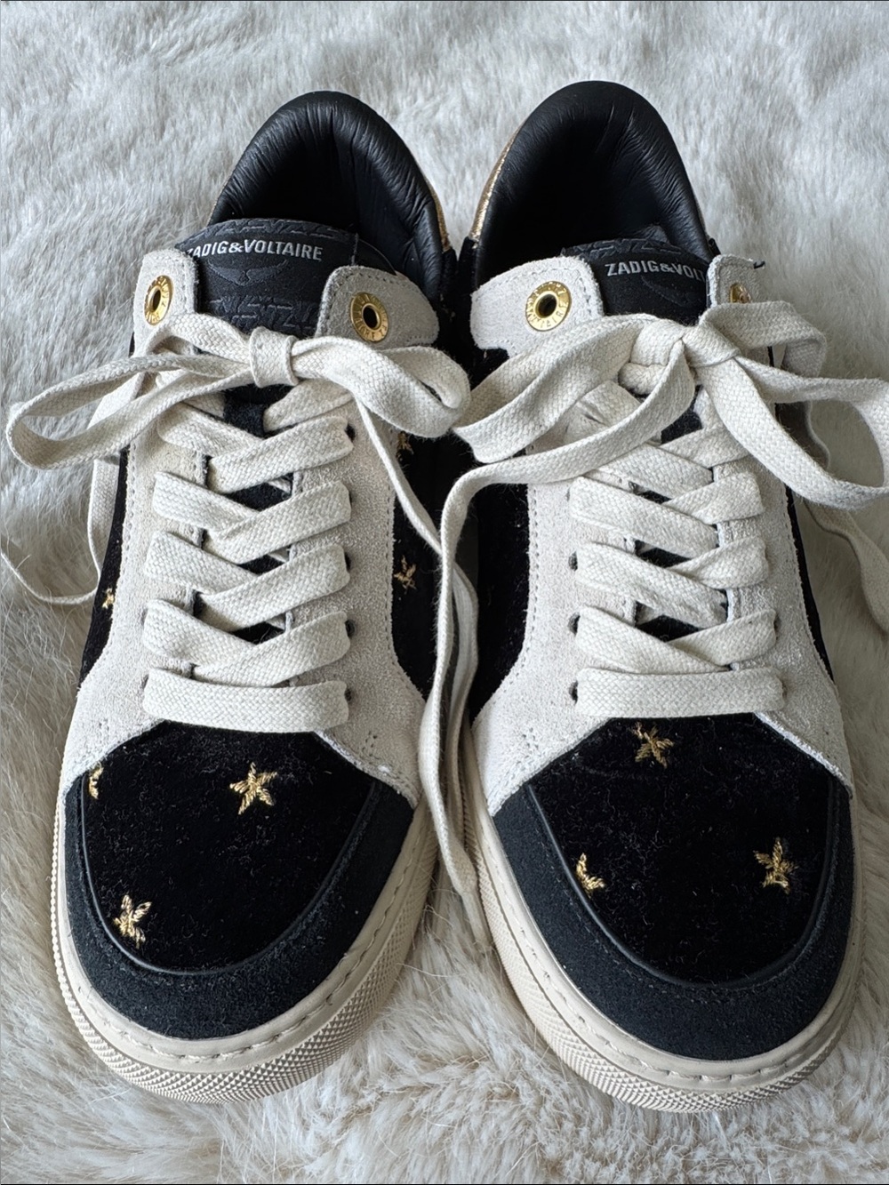 Zadig & Voltaire Black and Cream Suede Sneakers with Gold Star Detail